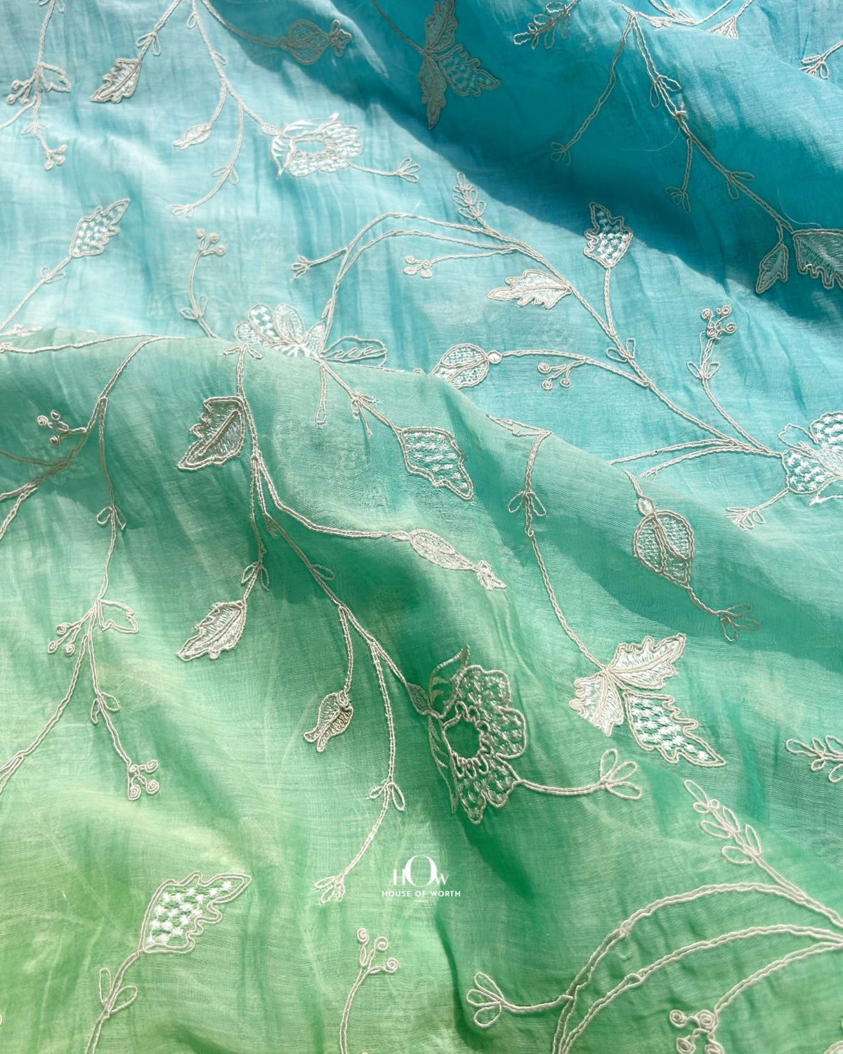 Ombre blue green Pure Mul Chanderi floral embroidery fabric for kurtas, dresses and co-ords