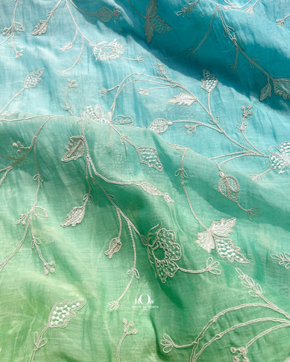 Ombre blue green Pure Mul Chanderi floral embroidery fabric for kurtas, dresses and co-ords