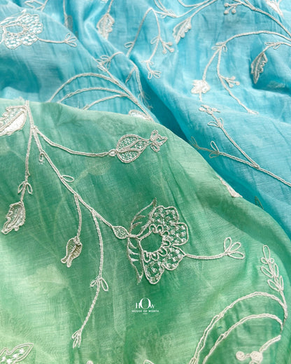 Mahisha Pure Mul Chanderi ombre blue green floral embroidery fabric for suits and dresses