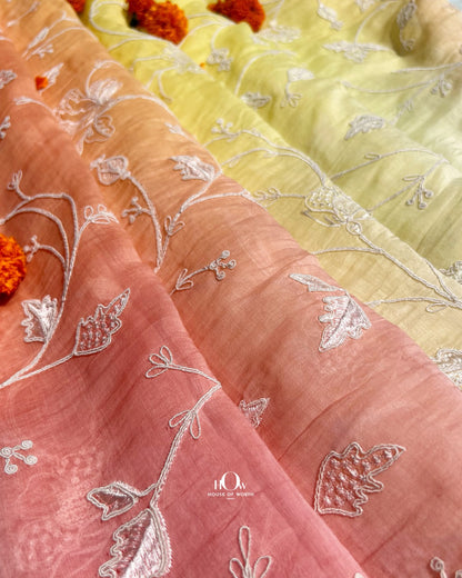 Mahisha ombre yellow Pure Mul Chanderi floral embroidery fabric for dresses and designer wear