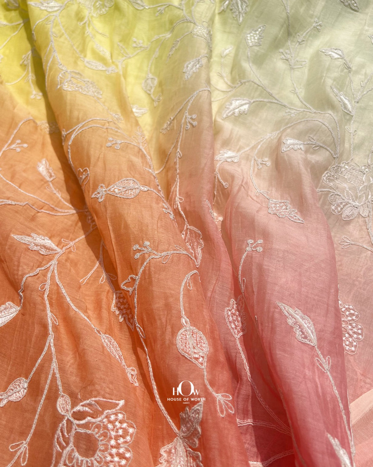 Ombre yellow embroidered Pure Mul Chanderi fabric for kurtas, suits and festive wear