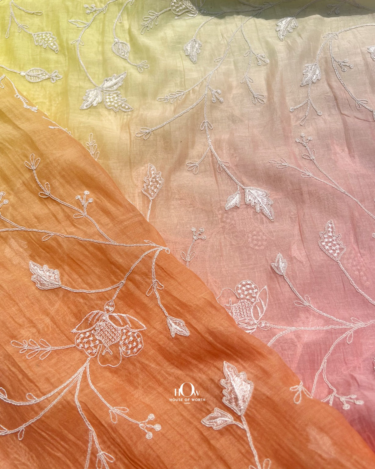 Mahisha Pure Mul Chanderi ombre yellow floral embroidery fabric for suits, kurtas and dresses