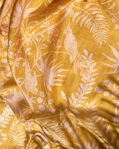 Soft yellow Mul Chanderi fabric with all-over print – ideal for kurtis, salwar suits, and Indian dresses.
