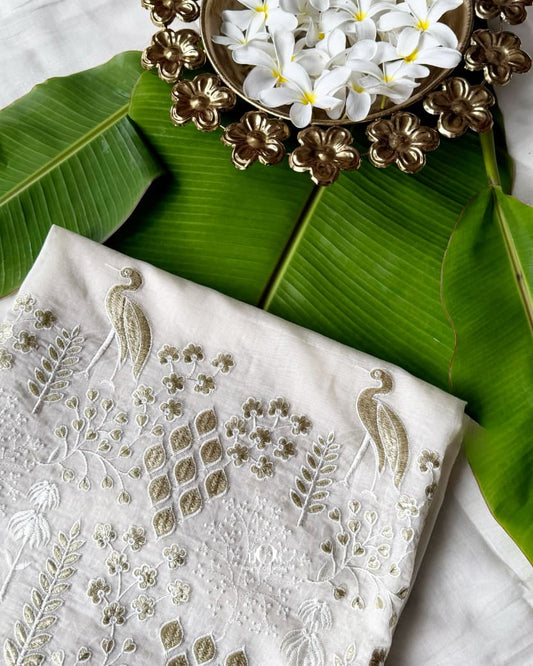 Off-white embroidered Mul Chanderi suited for sarees, kurtas, dupattas and festive outfits
