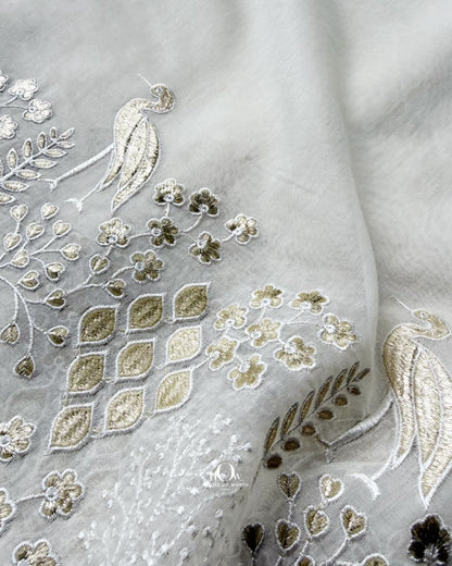 Off-white Pure Mul Chanderi fabric with ivory and muted antique-gold peacock border embroidery