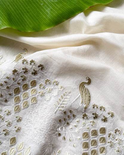 Mayura peacock pure mul chanderi  fabric with botanical border embroidery with floral buti