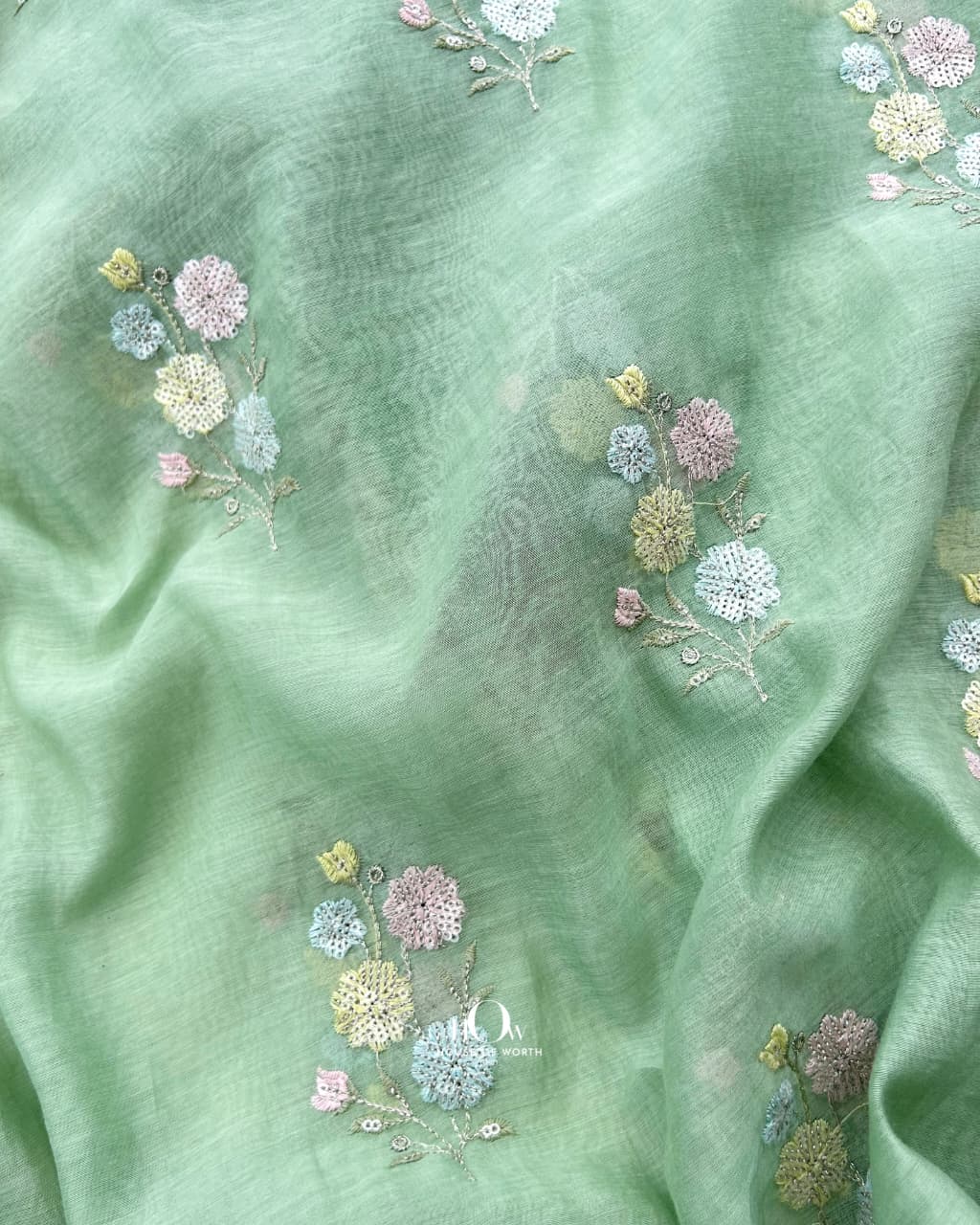 Mint green Pure Mul Chanderi showing with floral motifs