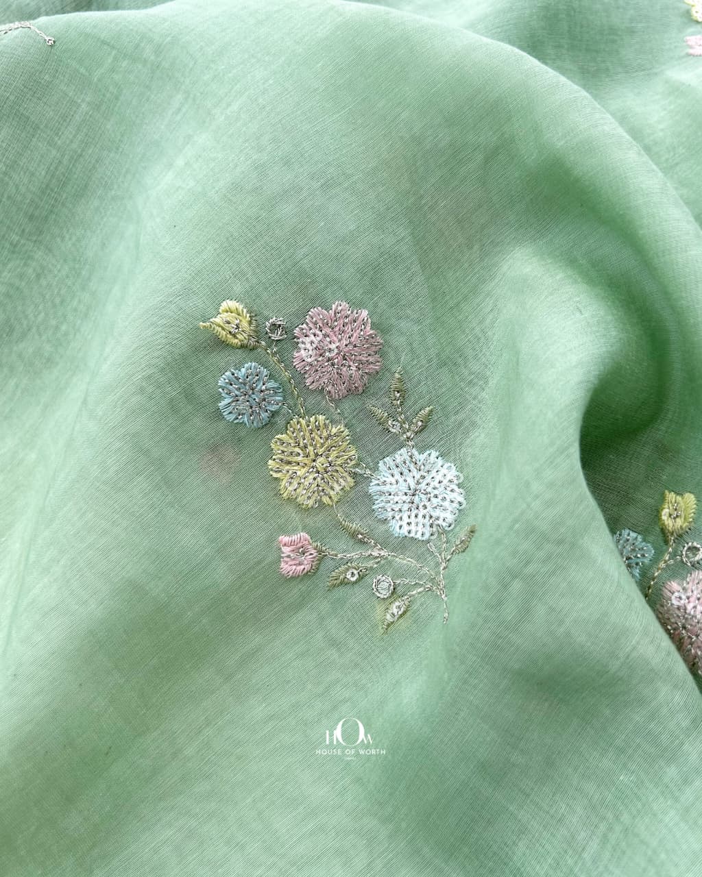 Mint green Mul Chanderi with thread and sequin flower embroidery