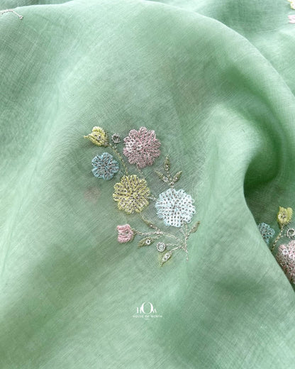 Mint green Mul Chanderi with thread and sequin flower embroidery