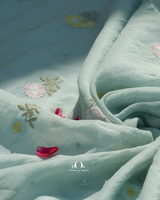 Mist blue pure mul chanderi fabric soft breathable texture