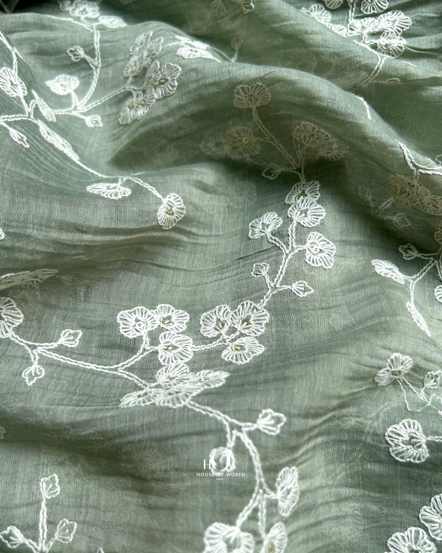 Pastel green Mul Chanderi dress material with thread embroidery – available for both retail and wholesale orders.