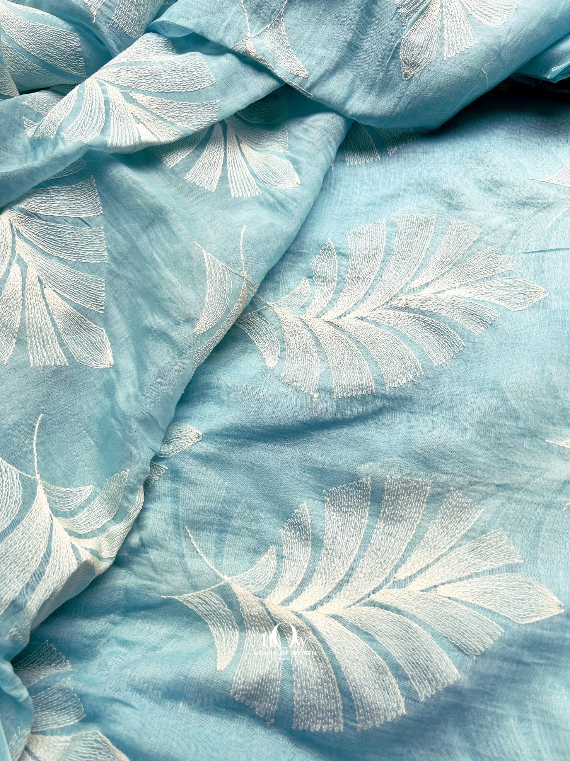 Sky blue crushed look Pure Mul Chanderi fabric – soft drape, lightweight and sourced from Delhi, Surat, and Banaras.