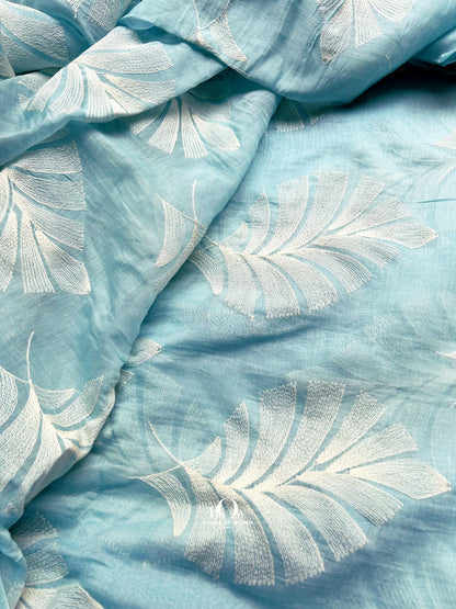 Sky blue crushed look Pure Mul Chanderi fabric – soft drape, lightweight and sourced from Delhi, Surat, and Banaras.
