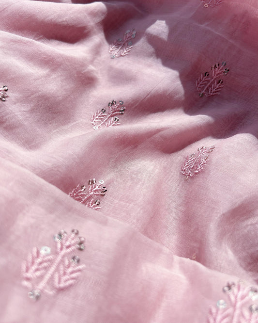 Light pink Pure Mul Chanderi fabric with sequin butti embroidery – ideal for sarees, salwar suits, and festive outfits.