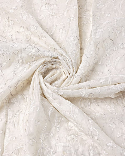 mul chanderi fabric with delicate floral embroidery ideal for sarees and suits