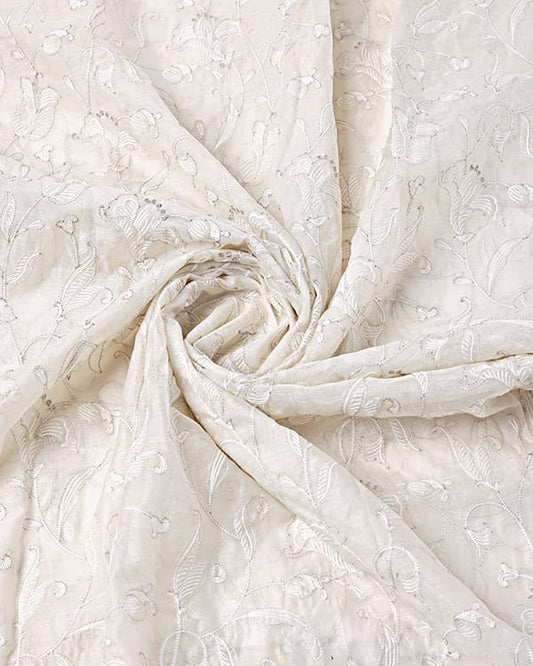 mul chanderi fabric with delicate floral embroidery ideal for sarees and suits