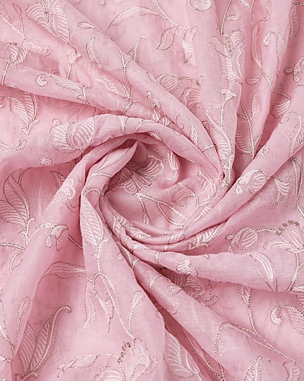 mul chanderi fabric with floral embroidery for festive dresses and suits.