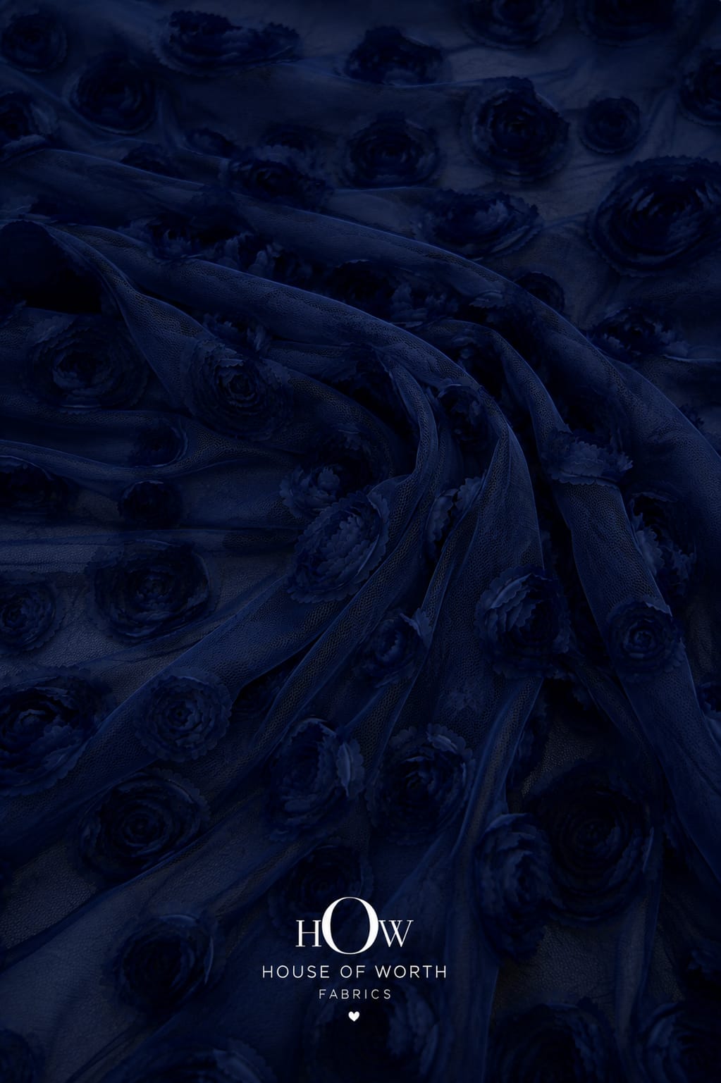 Navy blue 3D floral applique fabric on net with sculpted flowers