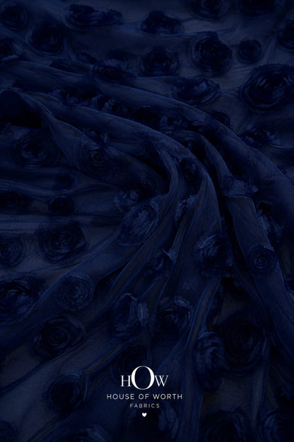 Navy blue 3D floral applique fabric on net with sculpted flowers