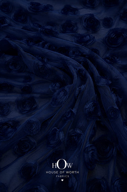 Navy blue 3D floral applique fabric on net with sculpted flowers