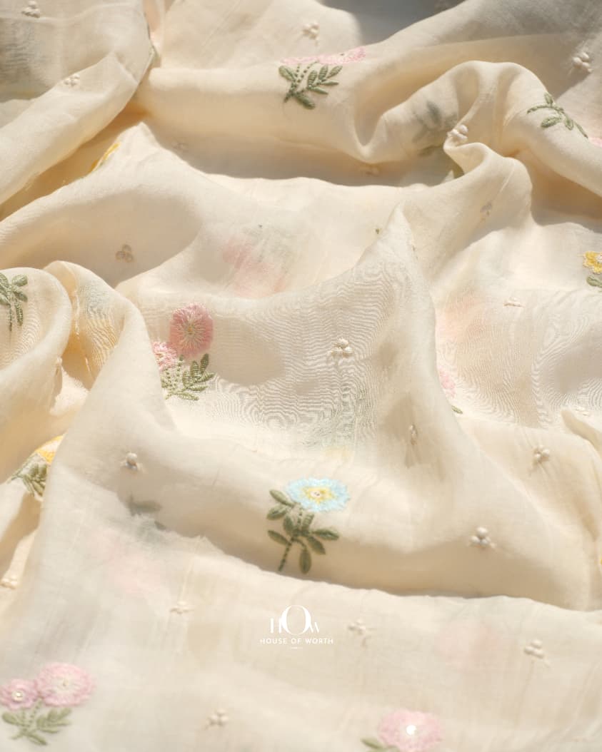 Cream mul chanderi fabric for suits kurtas and festive sarees