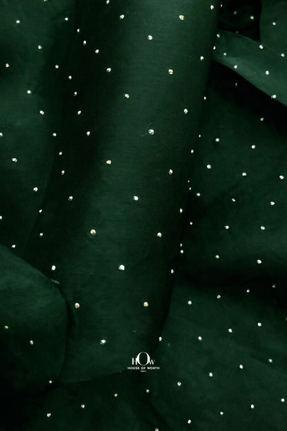 Dark bottle green organza fabric embellished with sparkling rhinestones, luxurious and sheer