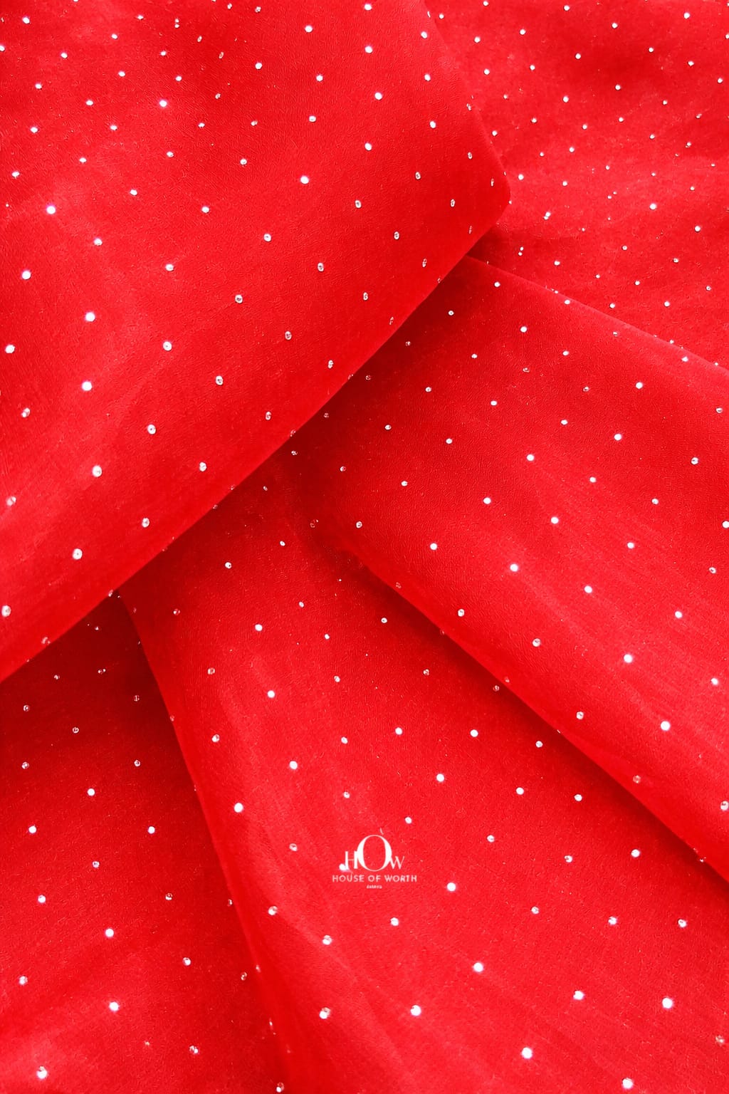 Red organza fabric with shimmering rhinestones for bridal lehengas and dresses