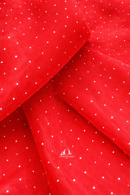 Red organza fabric with shimmering rhinestones for bridal lehengas and dresses