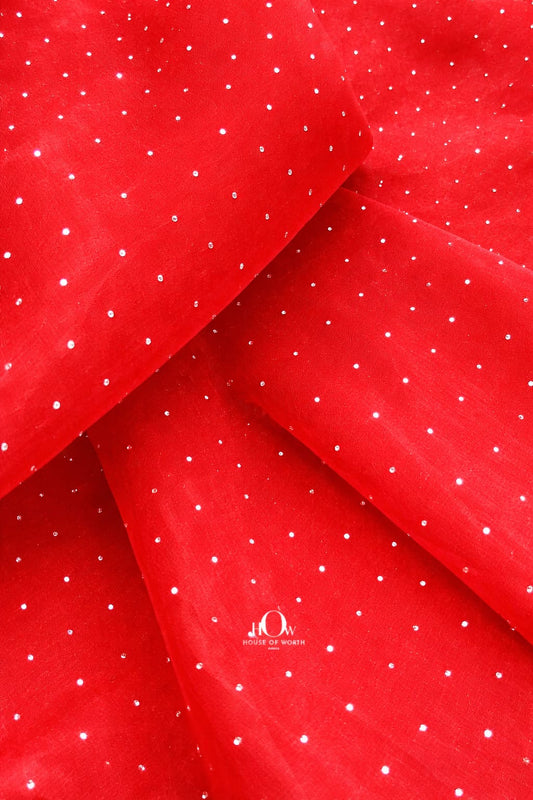 Red organza fabric with shimmering rhinestones for bridal lehengas and dresses