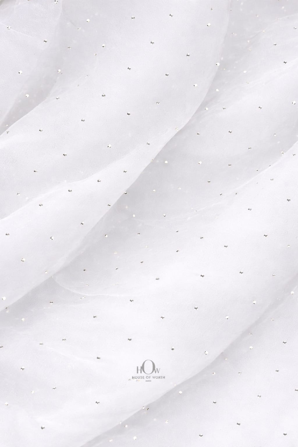 White organza fabric with crystal rhinestones, perfect for bridal and festive wear
