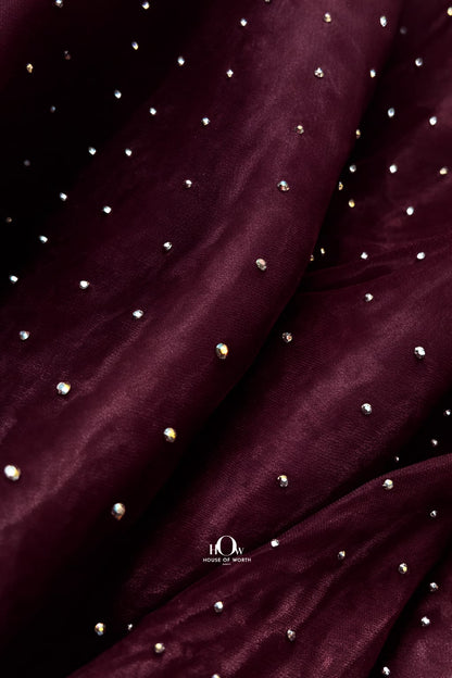 Wine-colored organza fabric with embedded rhinestones, perfect for evening gowns