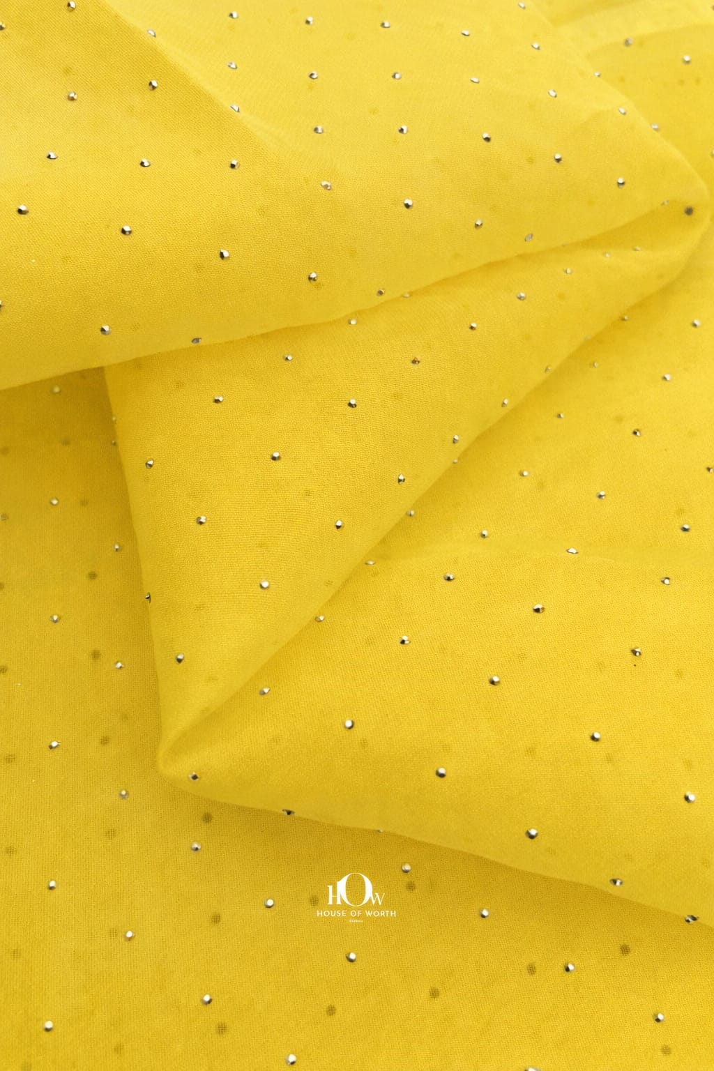 Yellow organza fabric with sparkling rhinestones, premium sheer partywear material