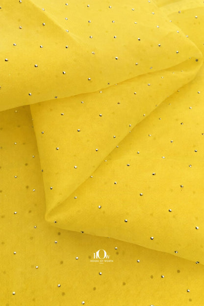 Yellow organza fabric with sparkling rhinestones, premium sheer partywear material