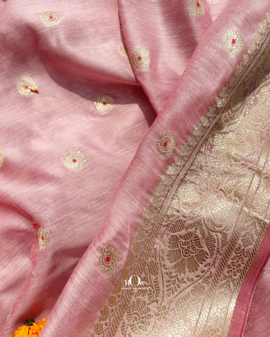 Pastel pink pure cotton Chanderi with decorative side border for sarees