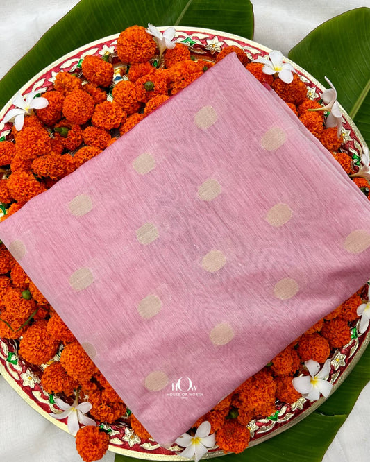 Pastel pink pure cotton chanderi fabric with woven polka dot motifs