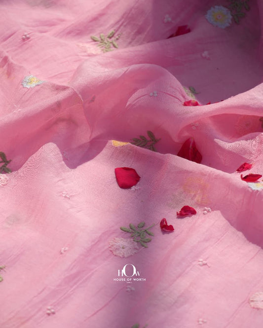 Rose pink pure mul chanderi fabric soft pastel sheen