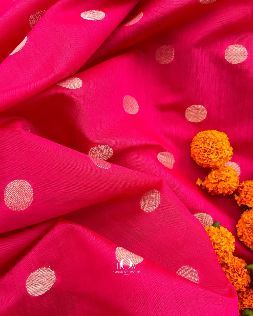 Premium bright pink chanderi fabric with dot motif weave
