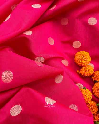 Premium bright pink chanderi fabric with dot motif weave