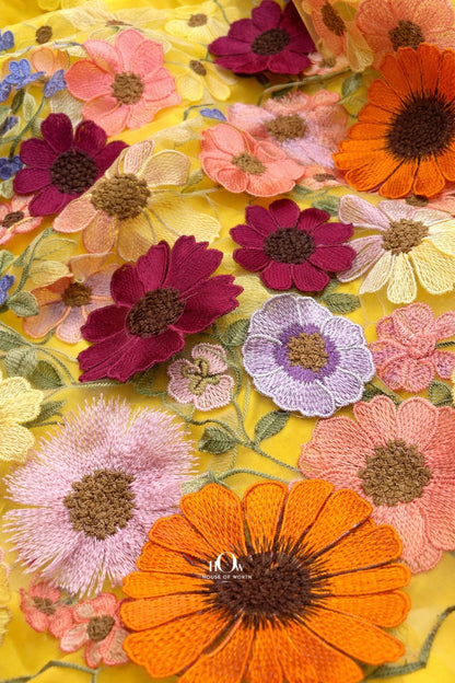 3d flower fabric in yellow on soft mesh net, lightweight texture for gowns and lehenga panels
