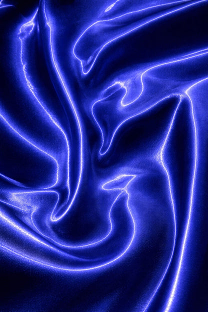 Heavy satin fabric with smooth texture and luminous blue sheen