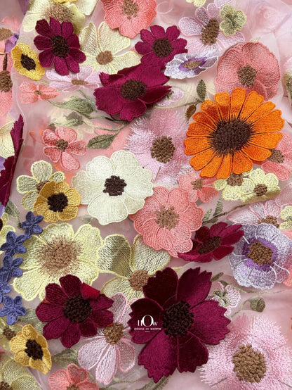 Baby light pink floral applique fabric flow, premium floral net for bridal blouses and capes