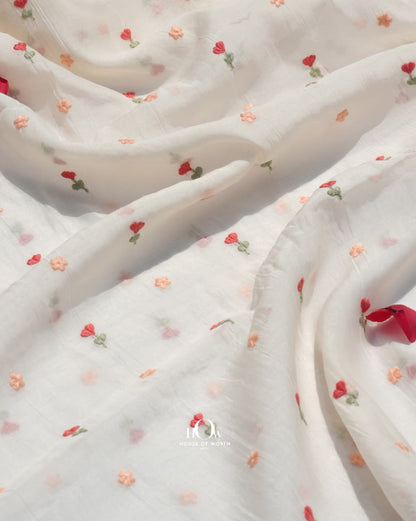 Soft white embroidered chanderi fabric for suits kurtas sarees and dupattas

