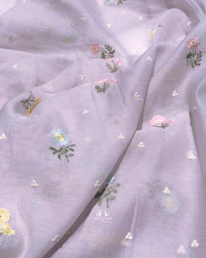 Pastel colour Pure Mul Chanderi dress material with multicolor thread embroidery – lightweight fabric for boutique tailoring.