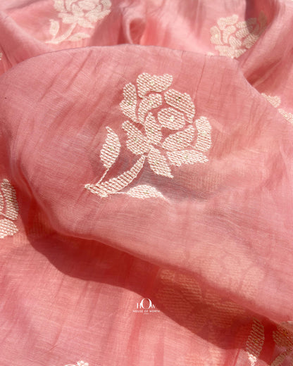 Lightweight peach pink Mul Chanderi fabric with floral embroidery – breathable and ideal for summer Indian wear.