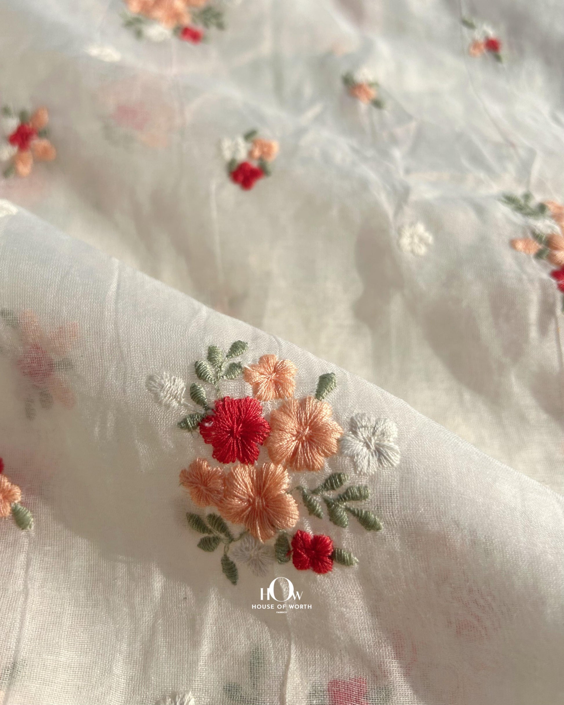 Buy Pure Mul Chanderi fabric in bulk – floral butti fabric with dyeable base, available from suppliers in Surat, Delhi, and Banaras.