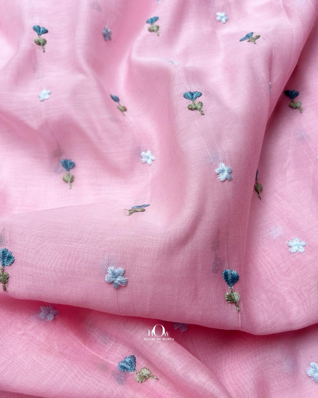 Luxurious pink pure Mul Chanderi fabric with floral embroidery – lightweight, breathable textile for ethnic wear