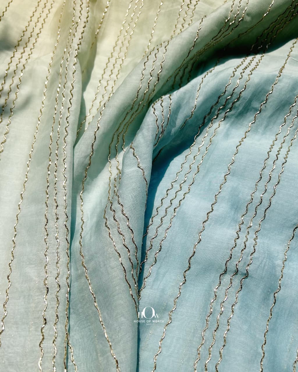 Pure mul chanderi fabric in blue green ombre with zari work