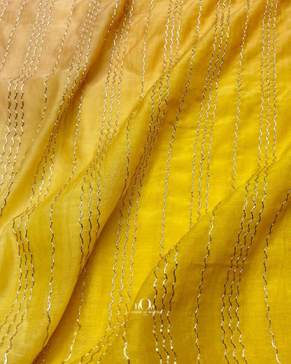 Yellow brown ombre pure mul chanderi fabric with zari work
