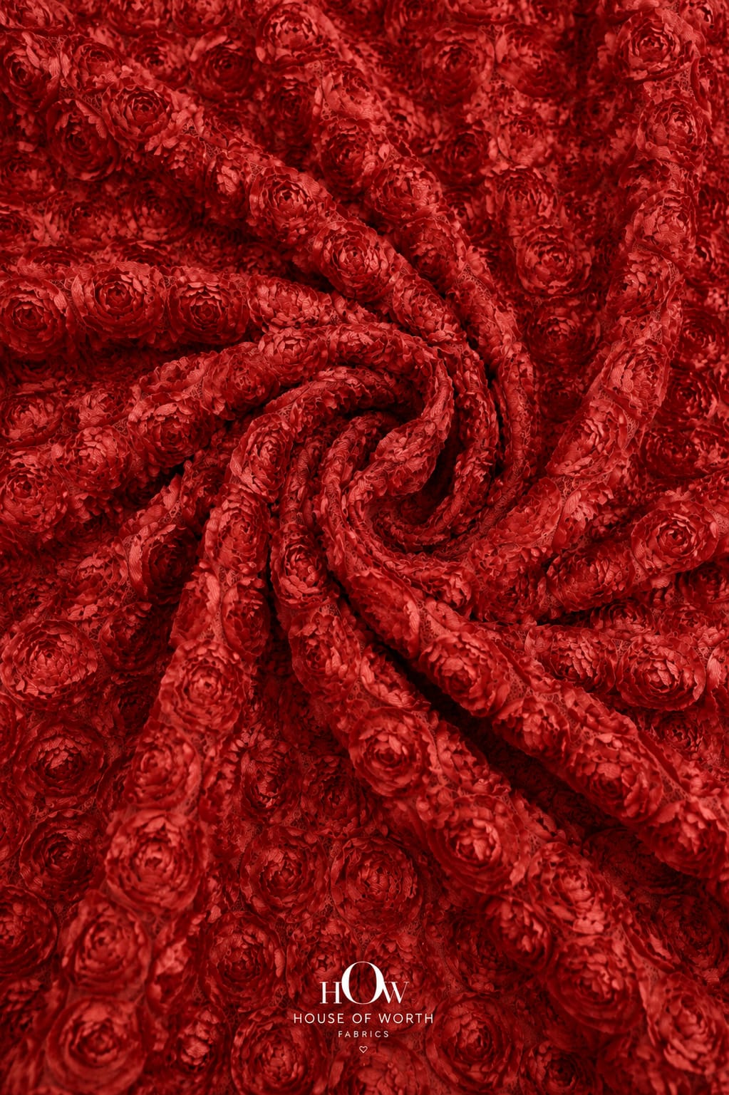 Red 3D flower applique net fabric with dimensional floral texture