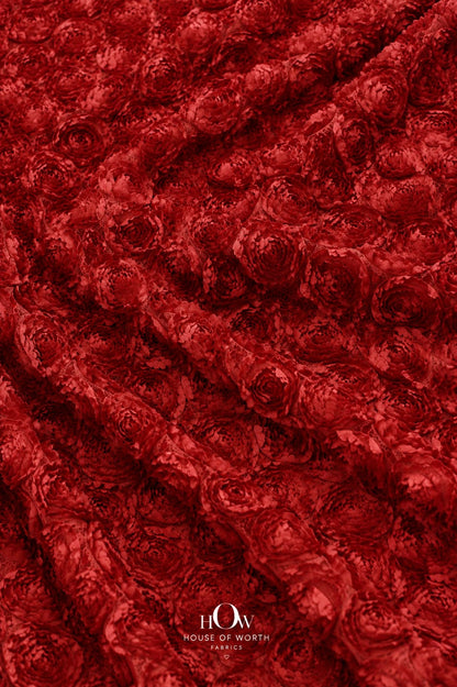 Red 3D applique floral net fabric for gowns and lehengas